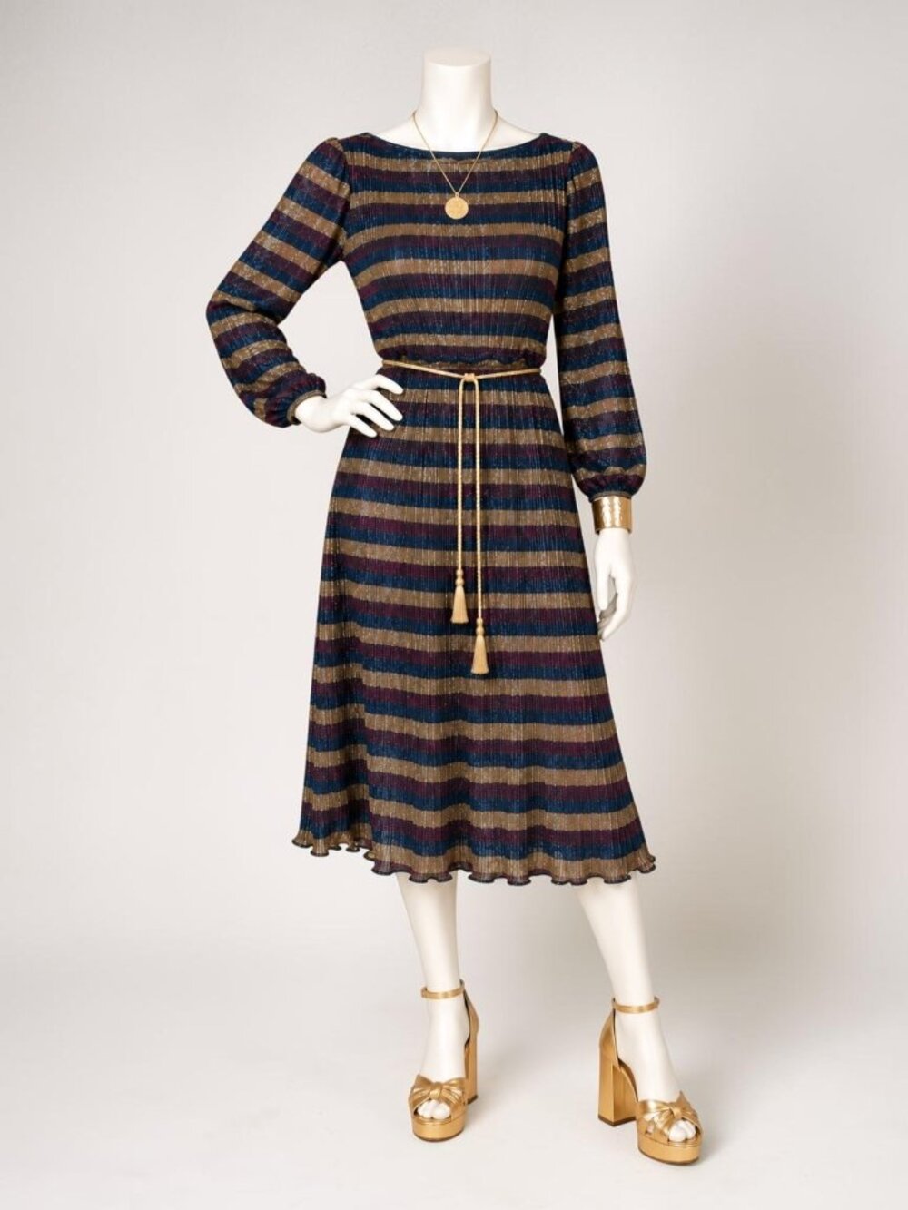 Vintage Sue Brett 70s Metallic Gold Navy Plum Striped Disco Dress
